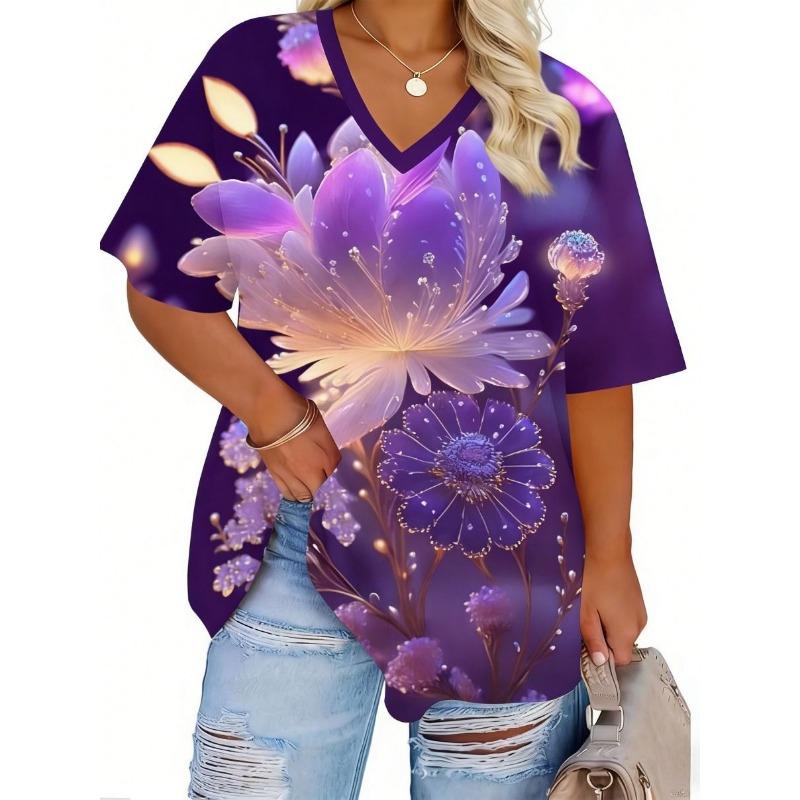 Summer Women's Daily Printed V-neck Short-sleeved T-shirt