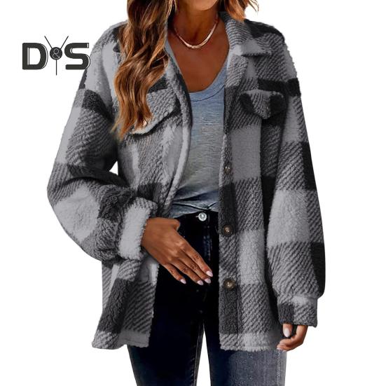 

Осенне-зимняя женская куртка с ложными карманами, контрастный клетчатый принт, отложной воротник, однобортный кардиган с длинными рукавами, плюшевое пальто большого размера XXXL