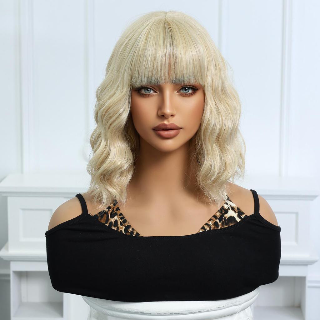 Short Wavy Blonde Bob Wig with Bangs for Women Synthetic Hair Daily Party Halloween