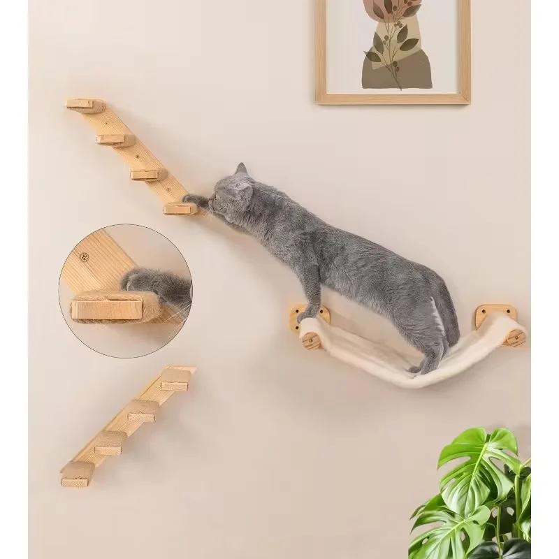 Wall-mounted cat scratching post Space-saving wooden hammock Pet activity and rest set