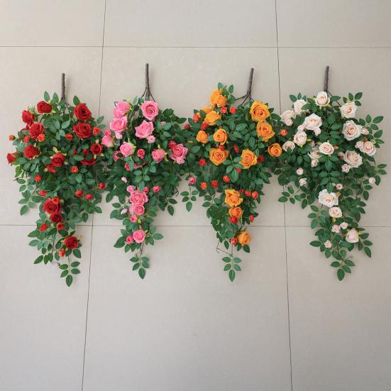 Konstgjorda blommor i rotting med 6 huvuden, falska hängande rosenrankor, konstgjorda sidenblommor i rotting för DIY-bakgrundsdekoration i bröllopsrum