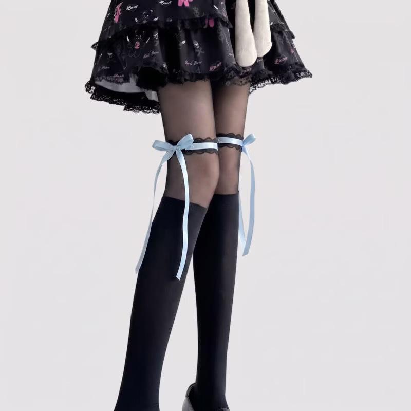 Mu Ruan Black & White Bow Tie Lace Pantyhose - Spring/Summer Lolita Style