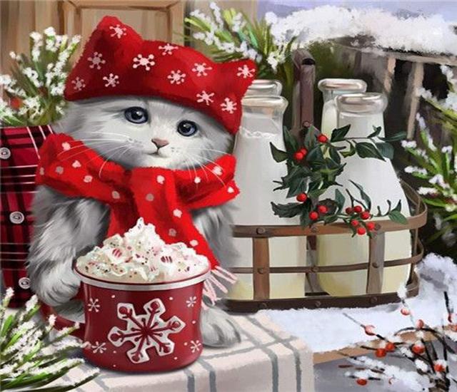 Ruopoty DIY Frame Picture By Numbers Cat Animal HandPainted Wall Art Unique Gift Painting By Number Winter Christmas Gift