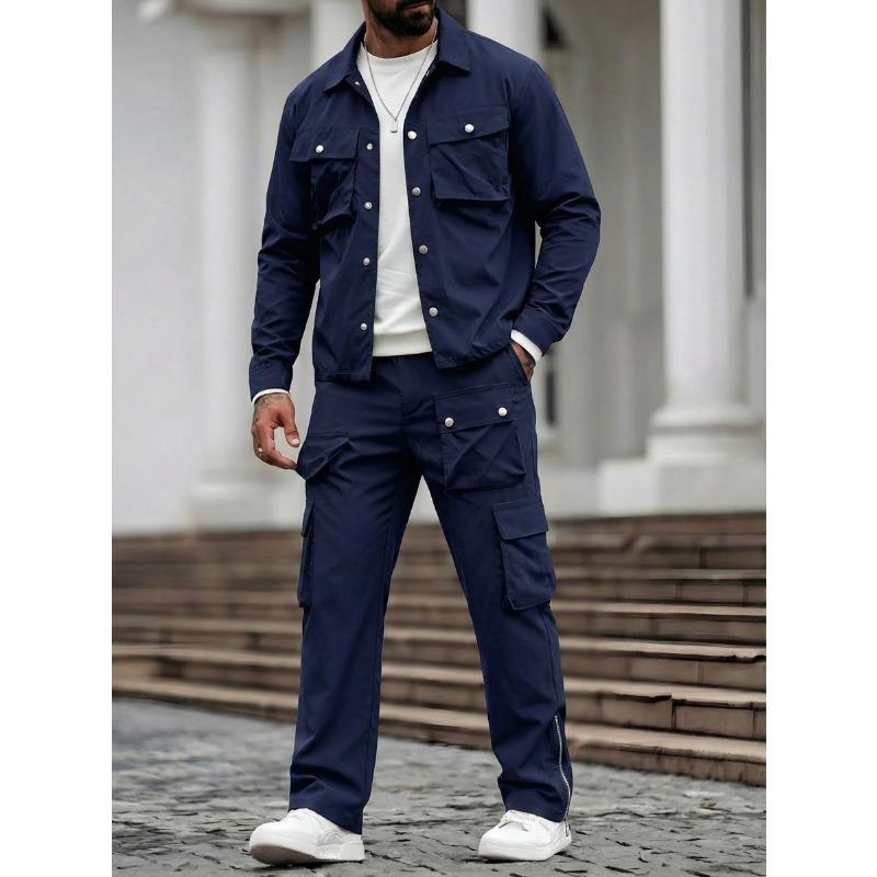 Mens 2 Piece Outfit Button Down Cargo Jacket And Cargo Pants Set