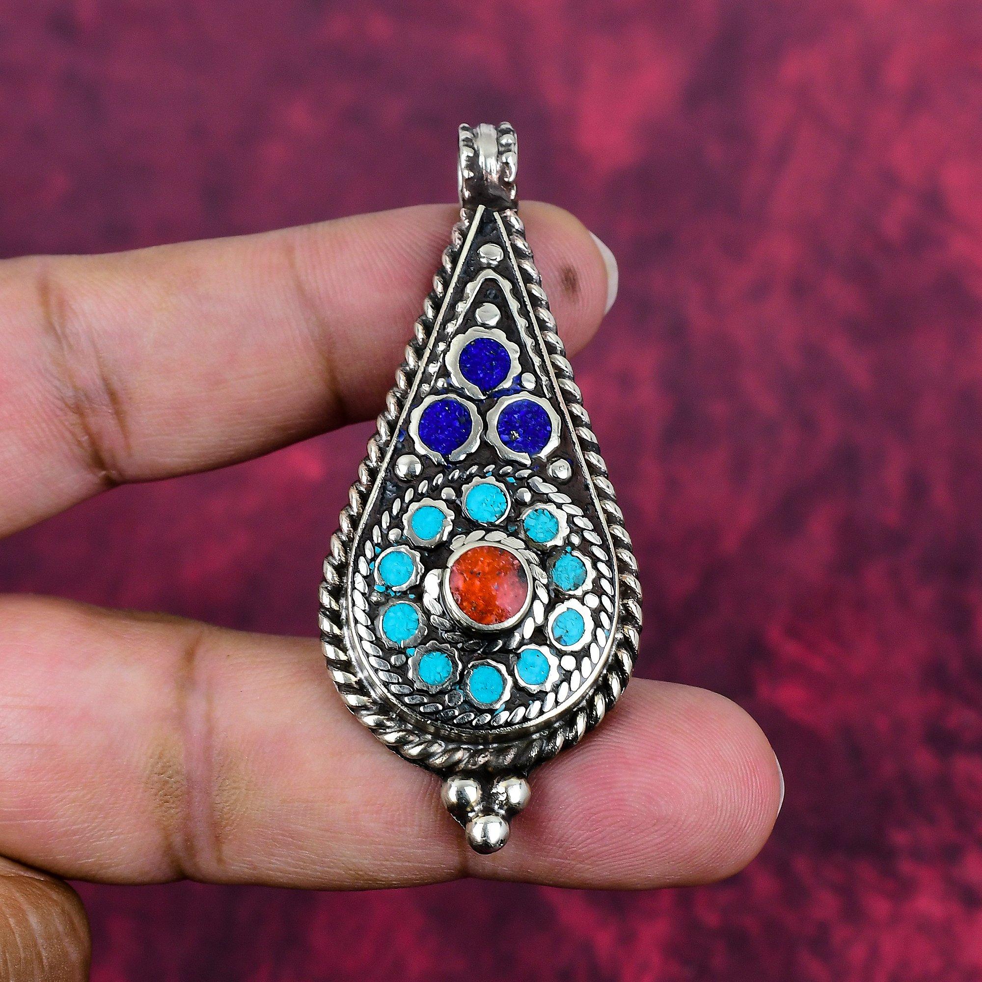 

Кулон из бирюзы, коралла и лазурита, драгоценный камень 925 пробы, цельное серебро, ювелирный кулон, украшения ручной работы, кулон с камнем месяца рождения, подарок для него 2.36 Inches