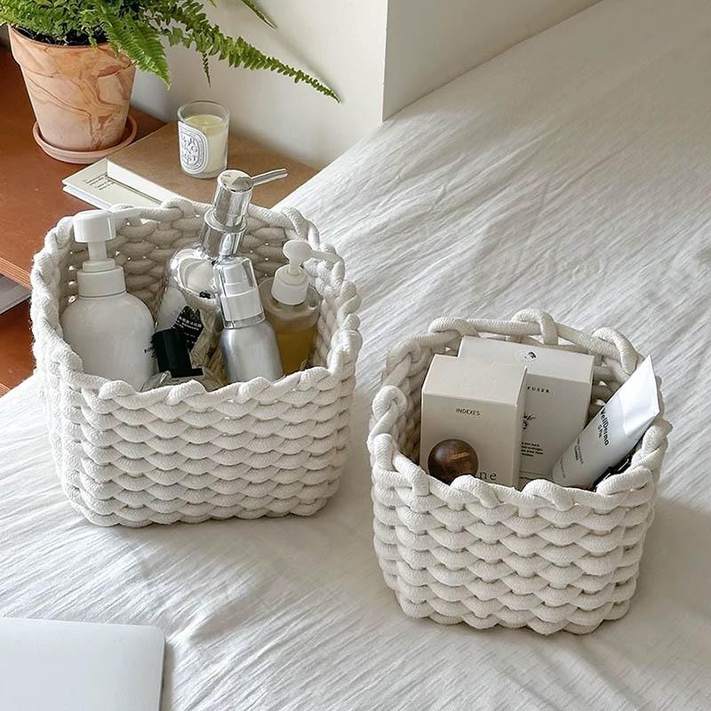 Cotton Rope Storage Basket Handmade Minimalist Organizer Desk Cosmetics Remotes Stationery Small Items