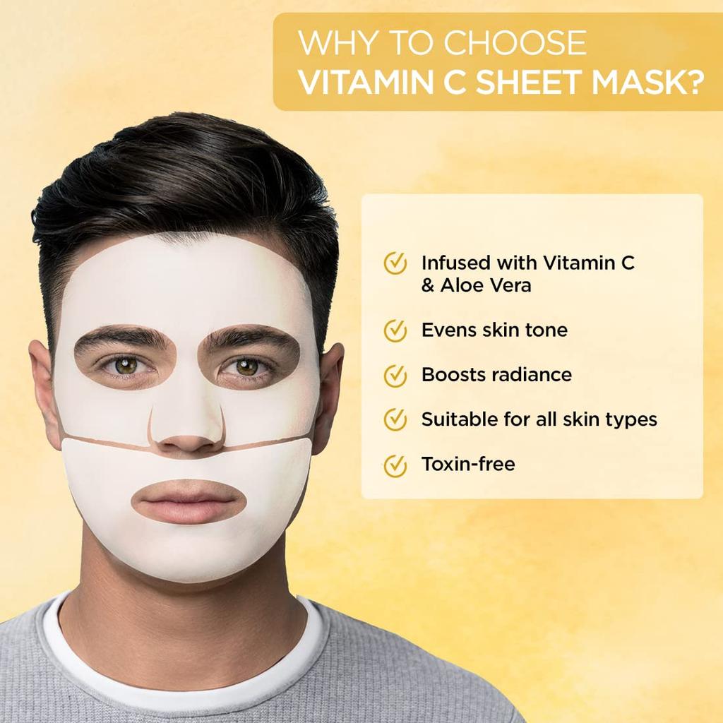 The Man Company Vitamin C Sheet Mask with Hyaluronic Acid & Lemon, Boosts Collagen, Brightening, Improves Skin Tone, Deep Cleanses, 25Ml