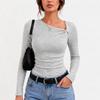 Knitted base shirt for women in spring and , with temperament and atmosphere, slanted collar top, moderate length, long sleeves