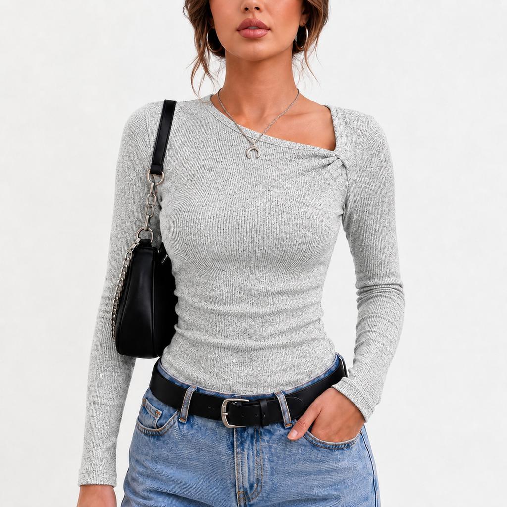 Knitted base shirt for women in spring and , with temperament and atmosphere, slanted collar top, moderate length, long sleeves