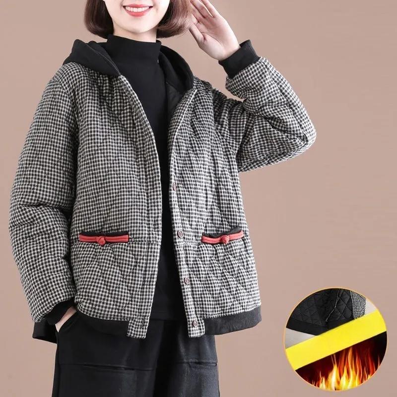 

Осенне-зимняя корейская версия свободного стеганого утолщенного повседневного пальто из хлопка и льна большого размера с коротким клетчатым капюшоном из хлопка 5XL чёрный