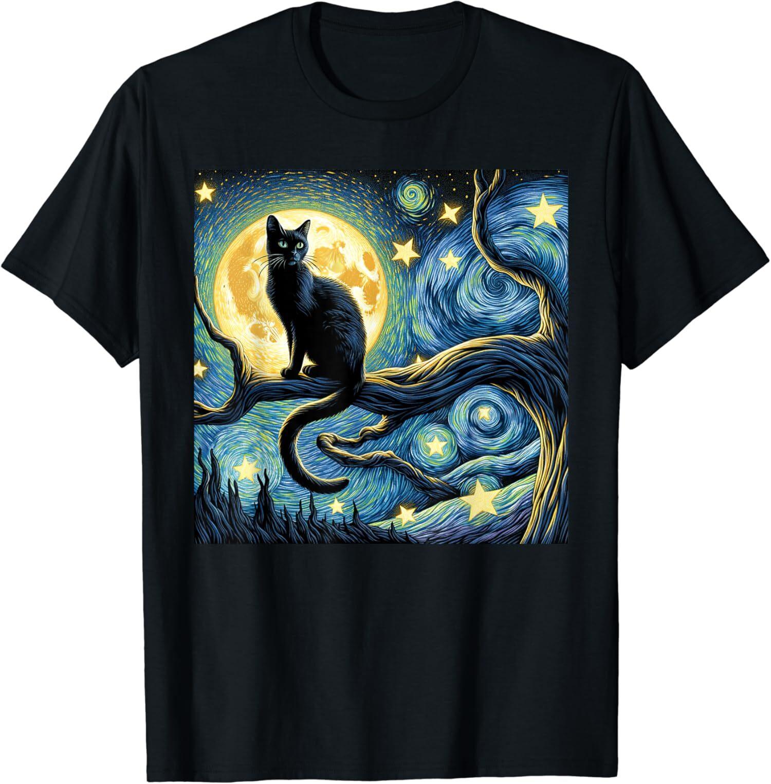 NEW LIMITED Cat Starry Night, Cat Art Funny Gift T-Shirt S