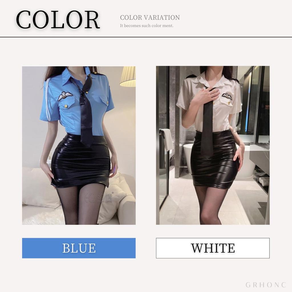 GRHONC Police Officer Cosplay Miniskirt Set Halloween Size Women's (4-Piece Set, Hat, Tie) - (Blue, M)