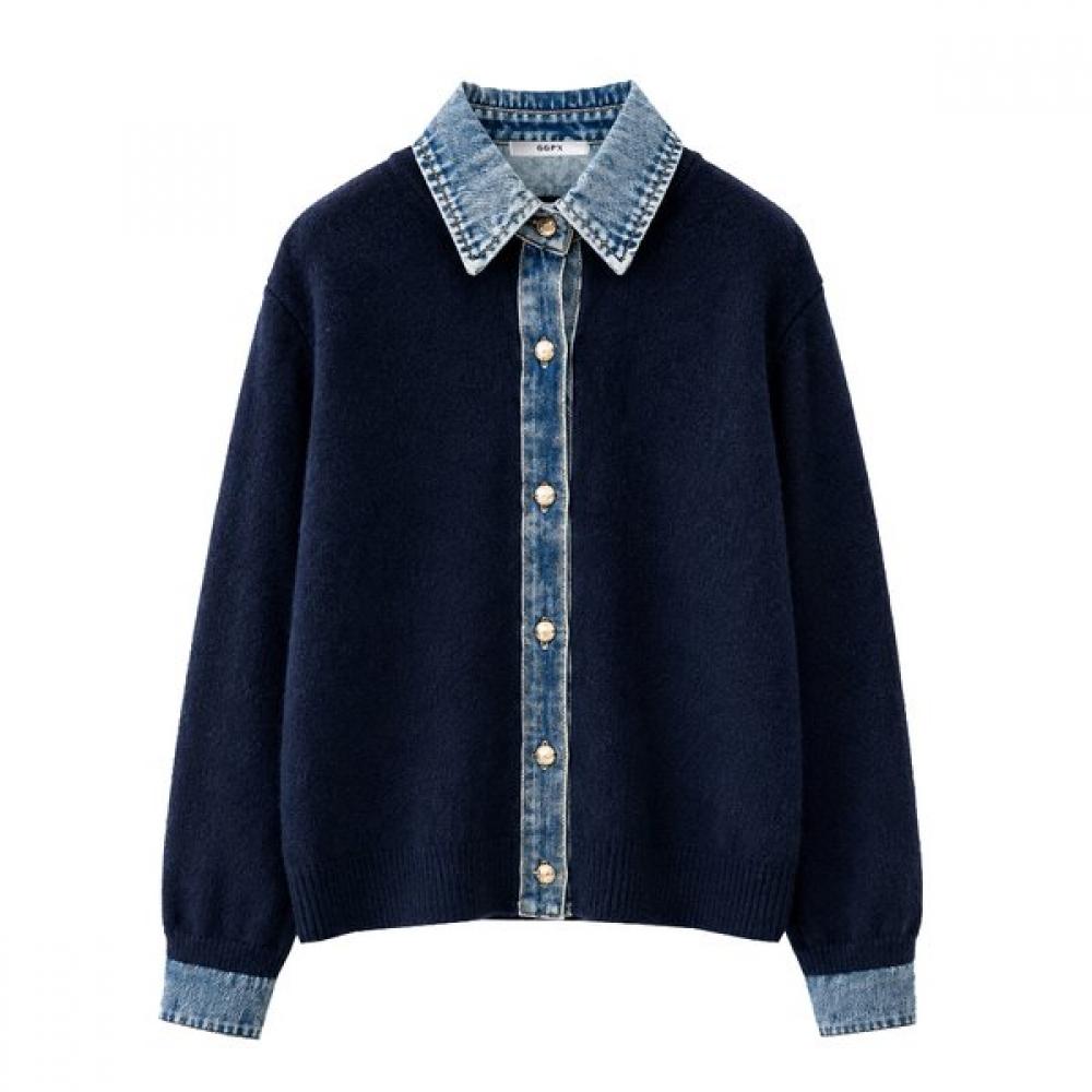 GGPX New York Women S Denim Collar Color Block Knit Cardigan Gq8kg015f