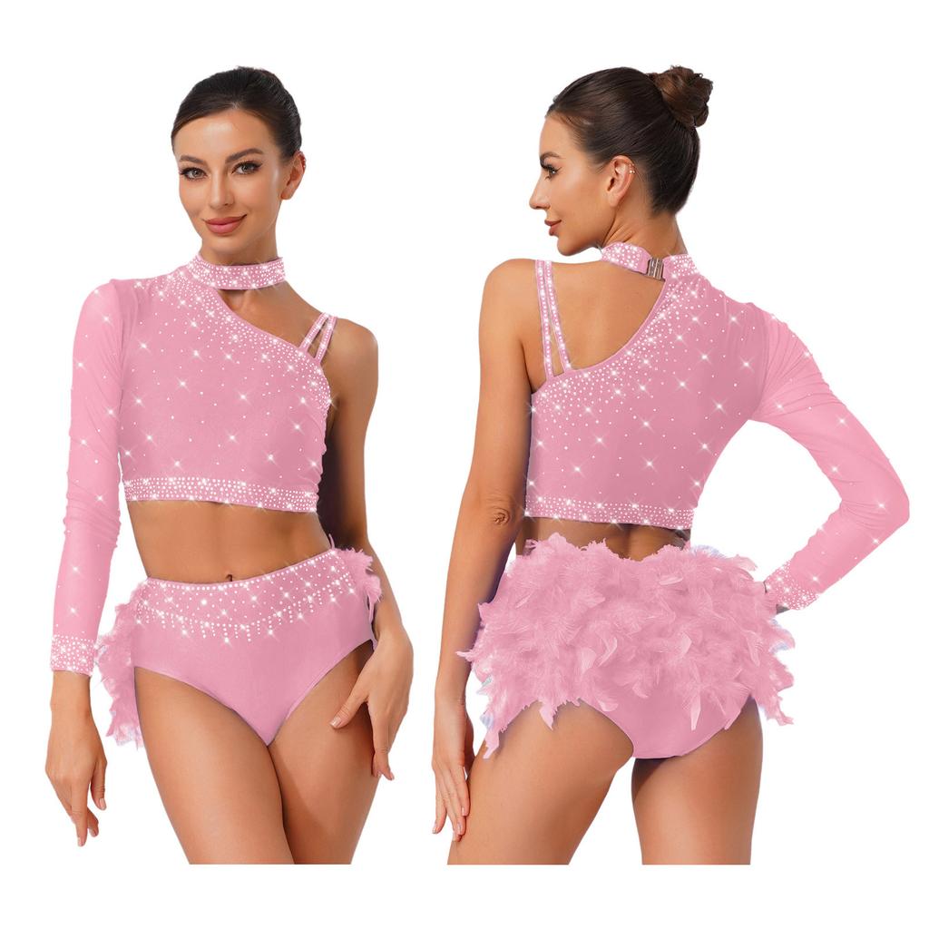 2-Piece Latin Dancewear Set for Womens - Sparkly Rhinestone One Shoulder Crop Top and Feather Back Briefs for Chacha Tango Belly Dance