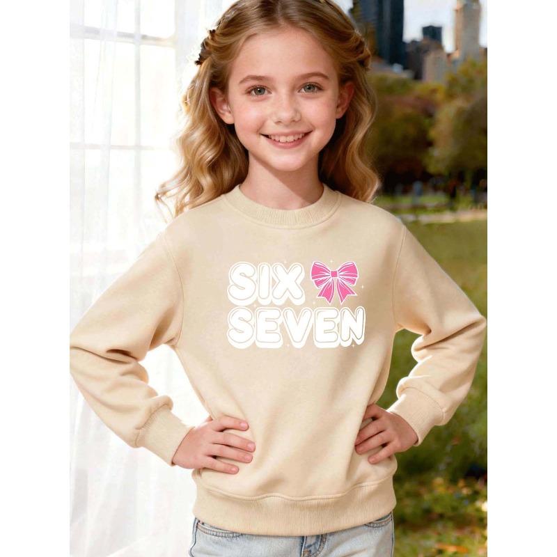 Unisex Kids Red Crewneck Sweatshirt For 4-12 Girls Bubble Font SIX SEVEN Pink Bow Star Print Soft Fleece Long Sleeve Pullover