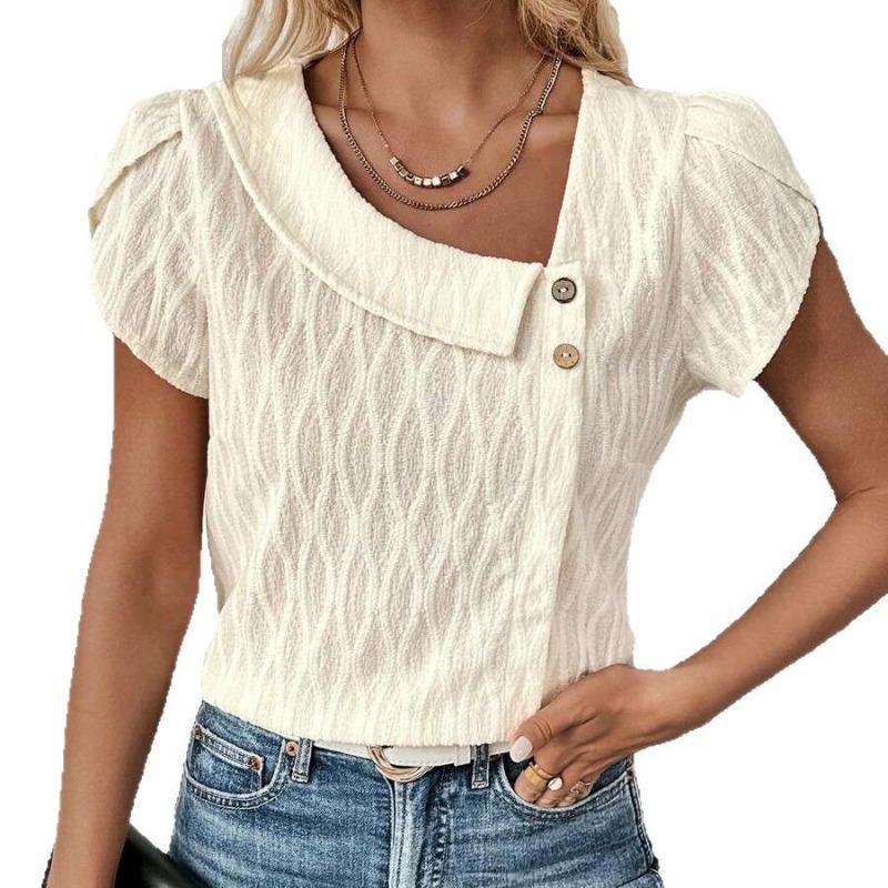 Літня Елегантна Блуза з Короткими Рукавами-Пелюстками, Діагональний Комір, Жіночий Солодкий Топ, Новий Однотонний, Гудзики, Вільний, Повсякденний, Проста Сорочка, Плісирований Жіночий Одяг
