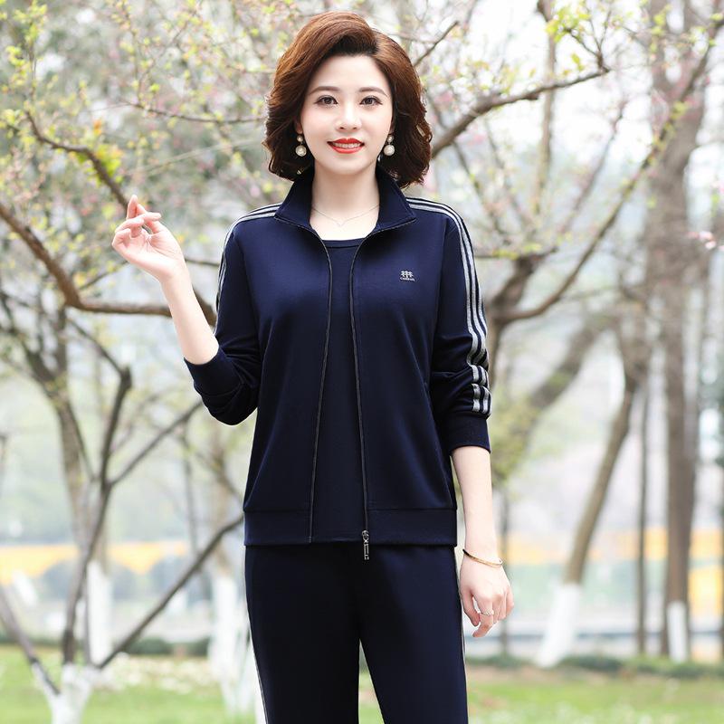 Women's Spring/Fall Casual Sportswear Set: Loose Fit Long-Sleeve Jacket & Sweatshirt, Plus Size, 2-Piece for Middle-Aged & Elderly