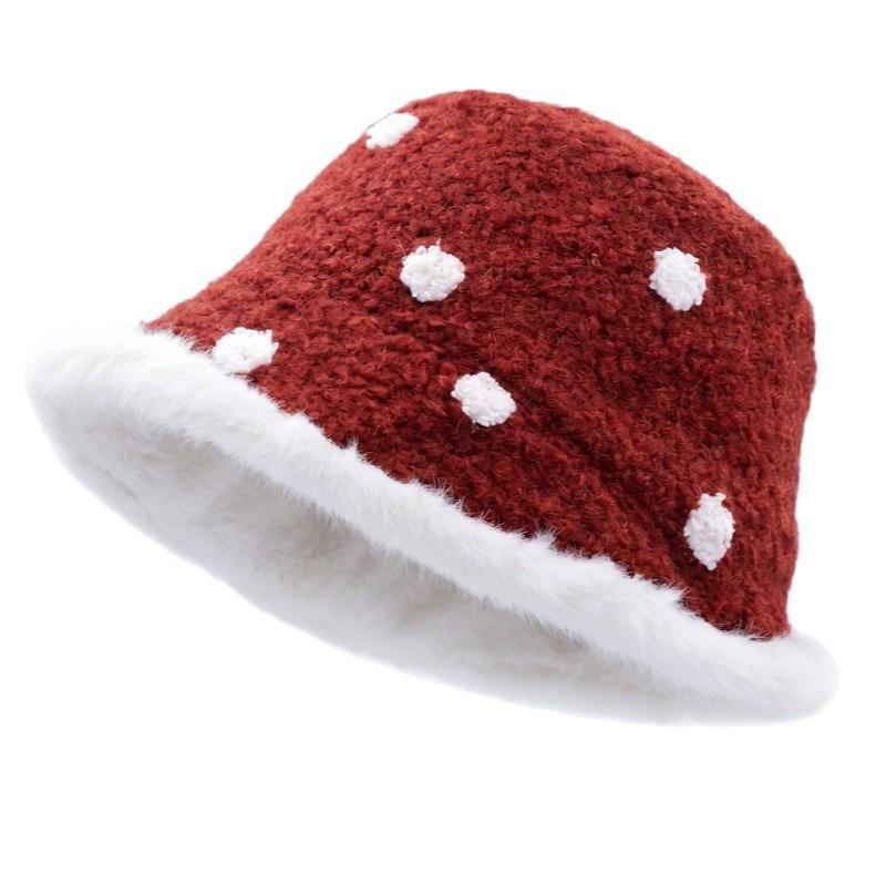 Women S Warm Fleece Knit Bucket Hat Polka Dot Korean Style Fashionable Hat