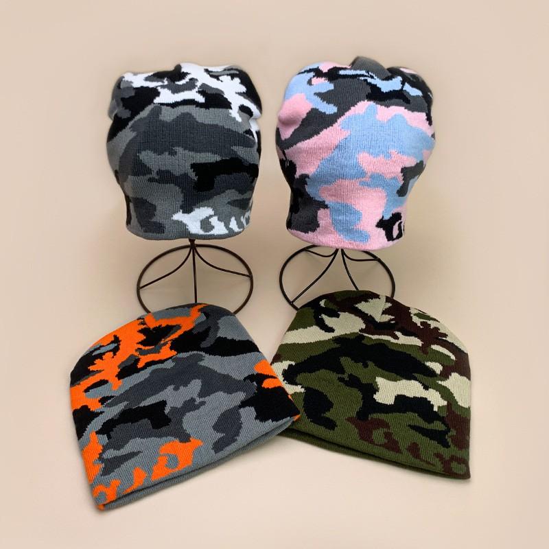 Hip Hop Camo Knit Beanie Men Women Color Block Warm Streetwear Fall Winter