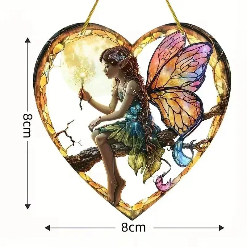 New 1pcs Magical Fairy Magic Night Fairy Suncatcher Stained Glass Acrylic Heart Wall Hanging Home And Garden Outdoor Decor
