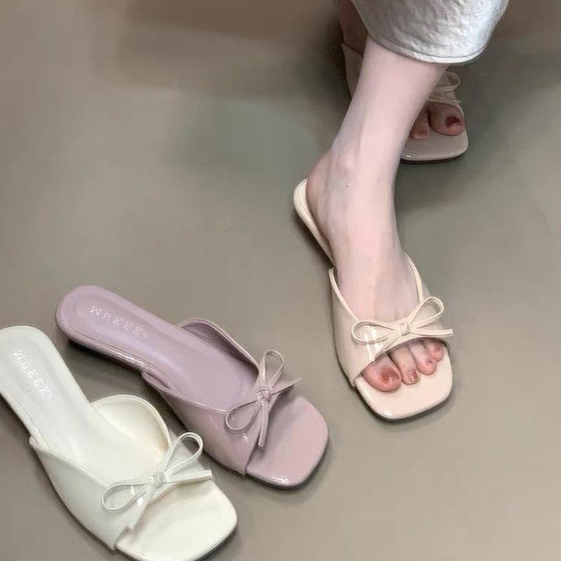 Women's Summer Wedges Low Heel Slippers Fashion Designer Butterfly-knot Open Toe Dress Slides for Ladies