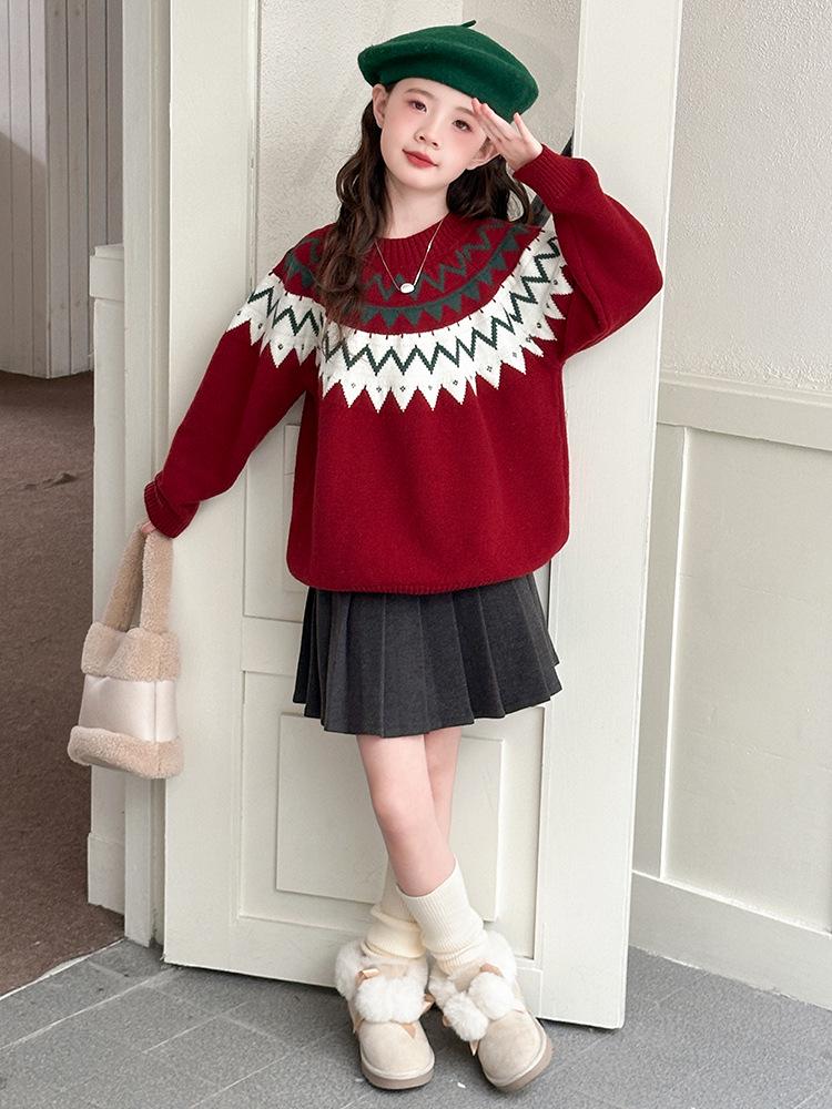 Girls' Fair Isle Red Knitted Sweater - Round Neck, Long Sleeve, Chunky Knit, for Autumn/Winter 2025, Mid & Big Kids Casual Jumper.