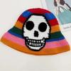 Trendy Skeleton Embroidery Fisherman Hat Winter Handmade Crochet Knitted Hip Hop Bucket Hat Round Basin Hat Halloween Cold Caps
