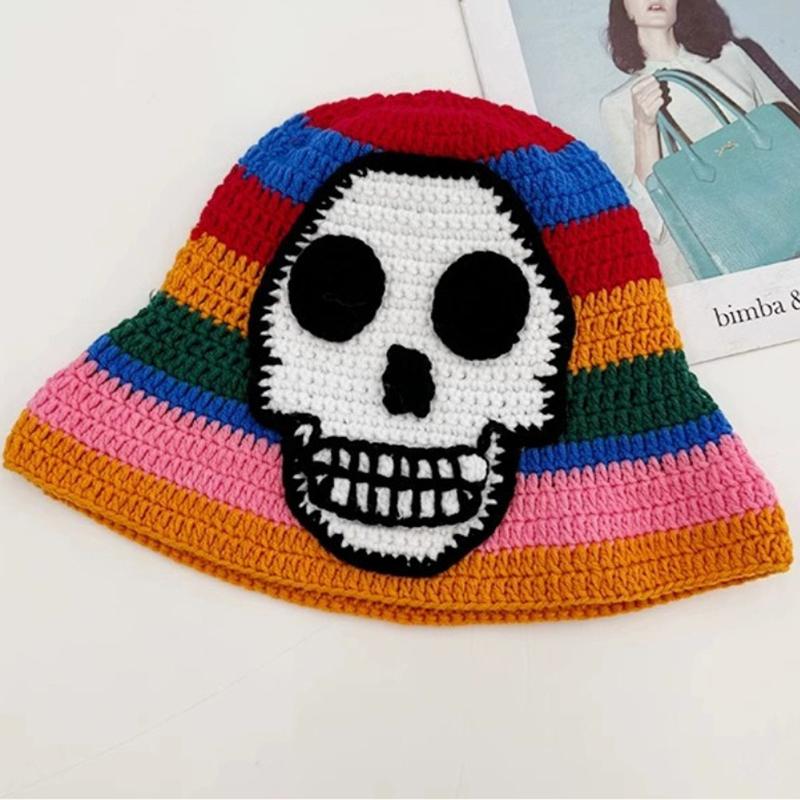 Trendy Skeleton Embroidery Fisherman Hat Winter Handmade Crochet Knitted Hip Hop Bucket Hat Round Basin Hat Halloween Cold Caps
