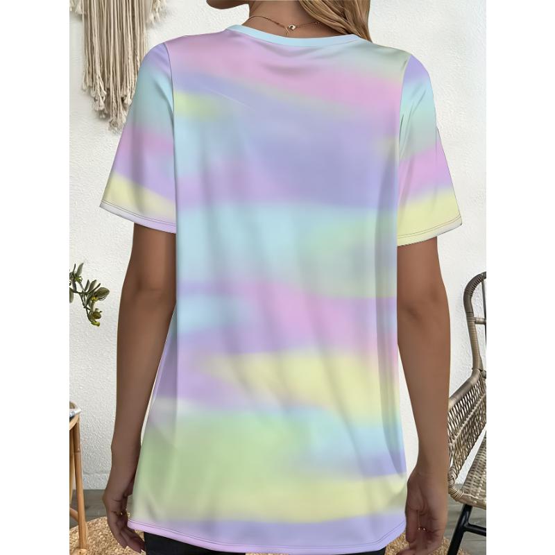 Women's plus size T-shirt, pink rainbow gradient pattern round neck, full body print, with pocket design