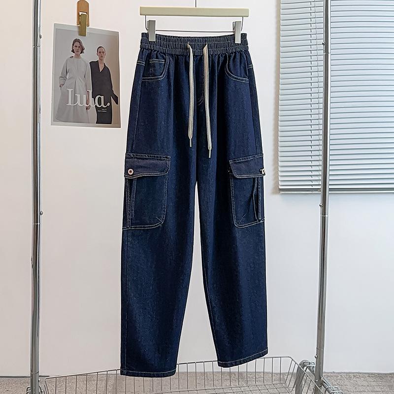 

Autumn Plus Size Slimming Elastic Waist Cargo Pants - Loose Fit Straight Leg with Pockets 5XL (160-180 jin) джинсовый синий