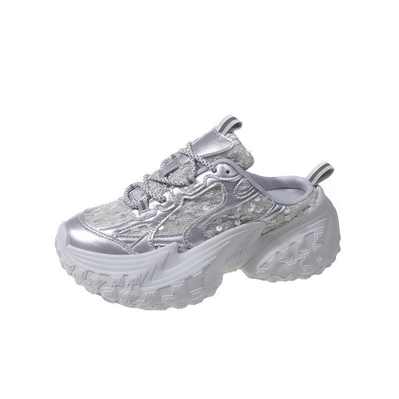 Tire Sole Bag Head Half Slippers European Station Dad Shoes Women Without Rear Tide Thick Sole 2025 Heel Sports and Leisure Shoes New