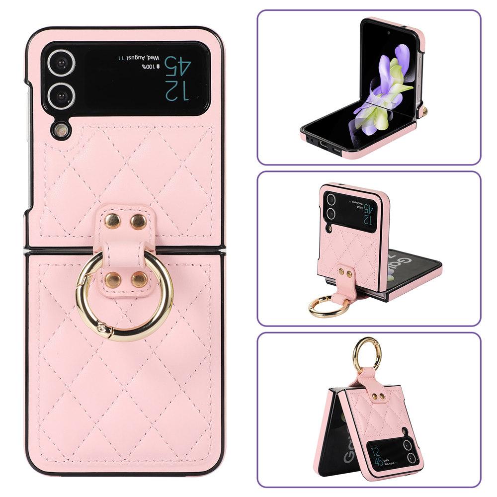 Leopard Print Ring Phone Case For Samsung Galaxy Z Flip 7 6 Flip 5 Flip 4 3 Rhombic Leather Cover Coque