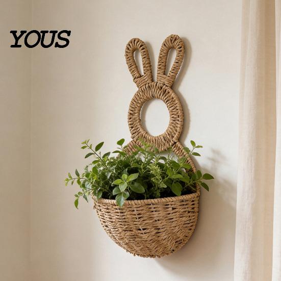 Dried Flower Wall Holder Easter Bunny Woven Basket, Handmade Rabbit Rustic Hanging Basket Living Room Ornament for or Faux Flowers Plants, Farmhouse