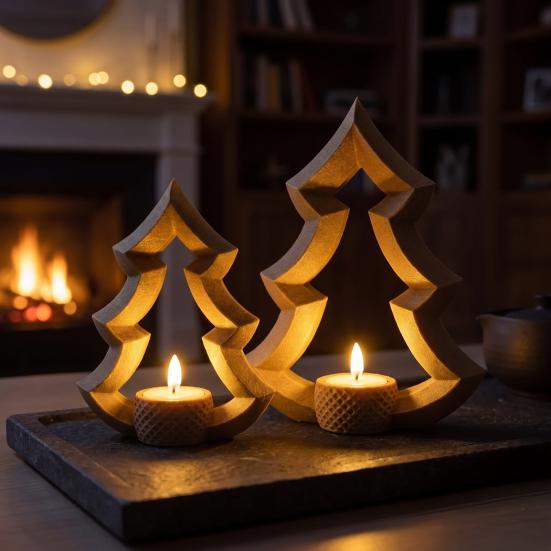 Decorative Table Centerpieces 2Pcs 3D Printed Christmas Tree Candle Holder, Hollow Candlestick Stand for PLA Holiday Decor, Minimalist Holder Festive