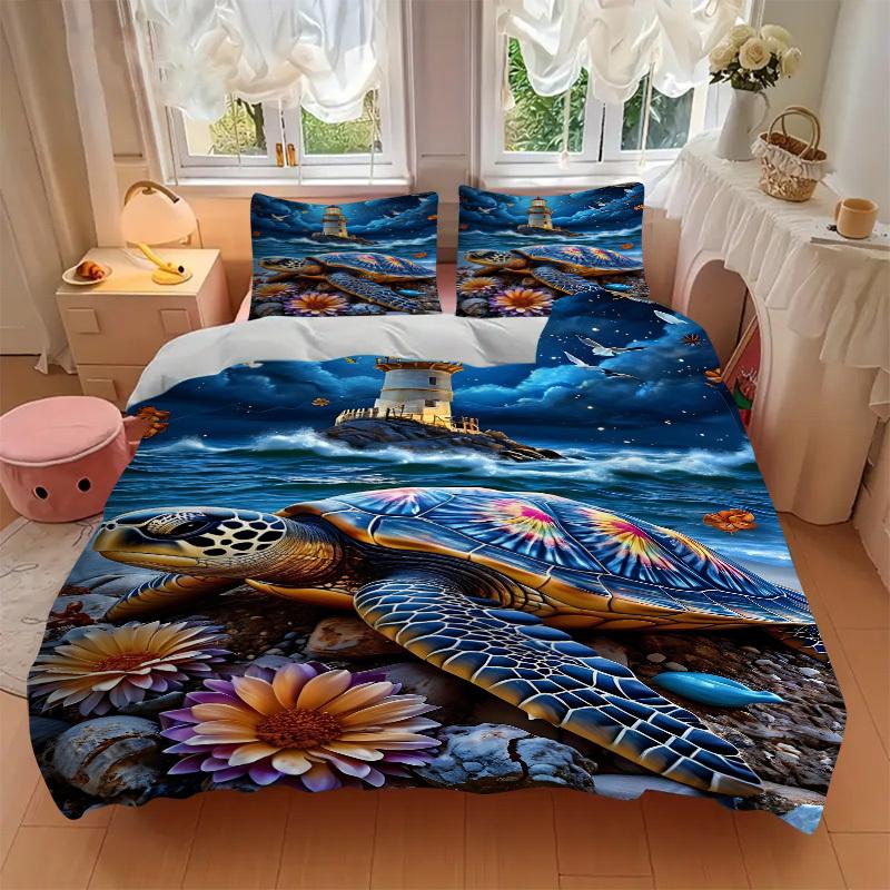 3pcs Lighthouse, Sea Turtle Duvet Cover Set - Machine Washable, Includes 1 Cover and 2 Pillowcases, No Core Included Yy251013005