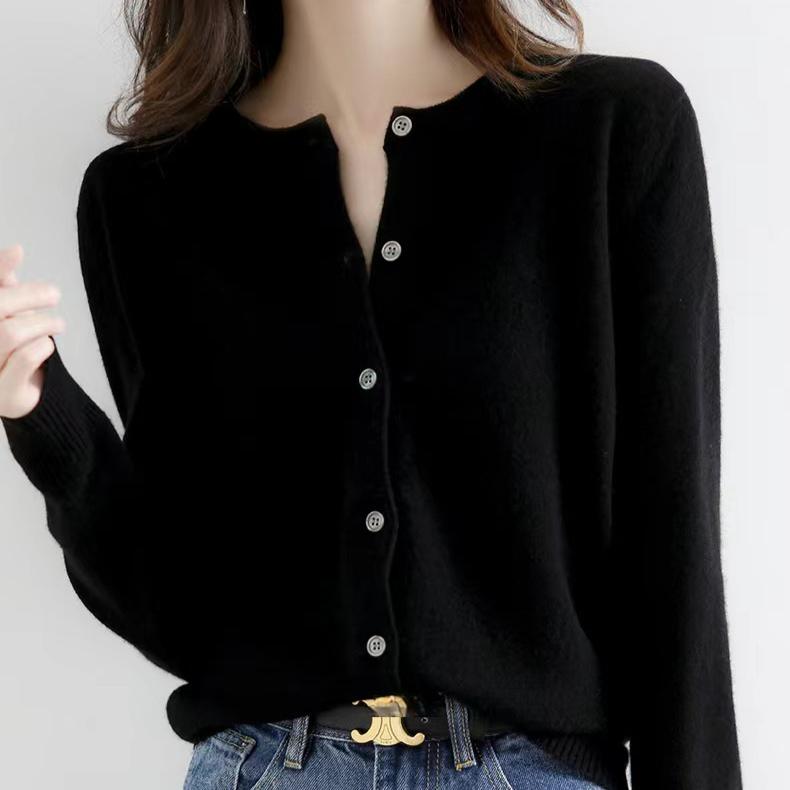 Herbst- und Winterstrickjacke Damen Lockerer Pullover Rundhalsjacke Lässige Strickjacke Einfarbiges Basisstrickjacken-Jacket