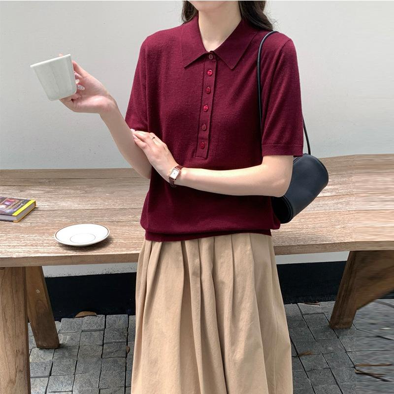 Ease Half Placket Lapel 0 Wool Sweater Women's Early Autumn Short-sleeved Inner Solid Color Simple Pullover Bottoming Shirt