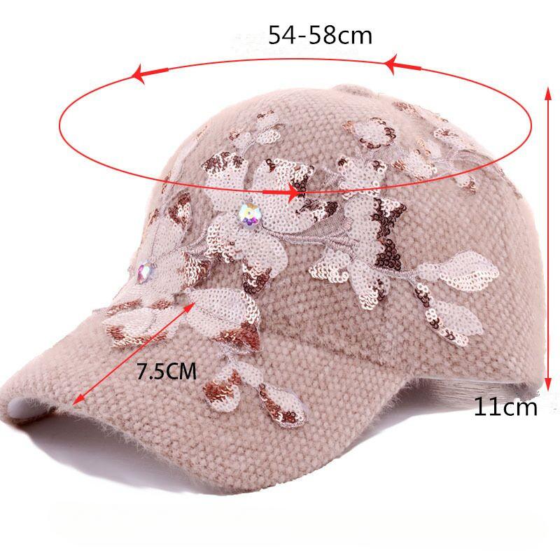 Women'S Winter Warm Fashion Duckbill Cap, Polyester Plush Baseball Hat, with Floral Rhinestone Embellishment, Non-Washable, Inelastic, Featherless
