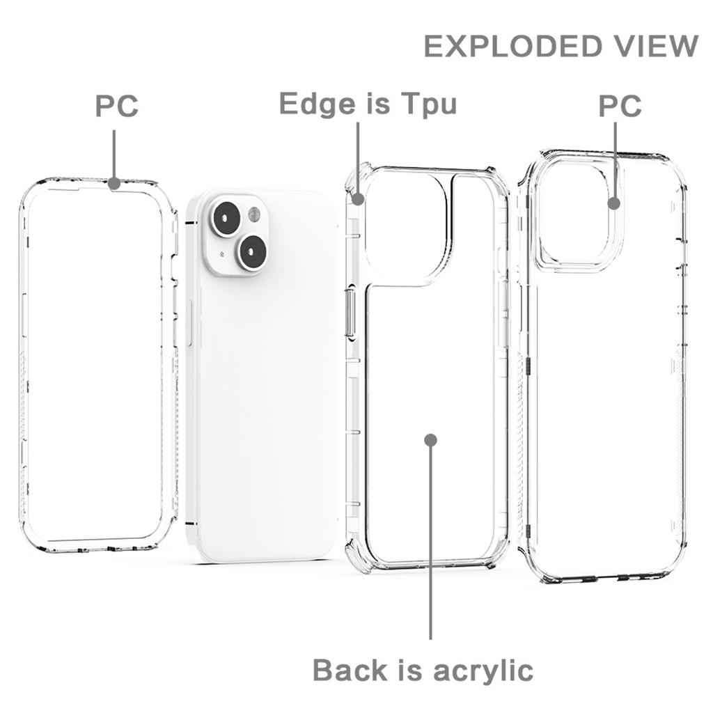 For iPhone 15 Case Hybrid Acrylic+TPU 3-in-1 Transparent Phone Cover