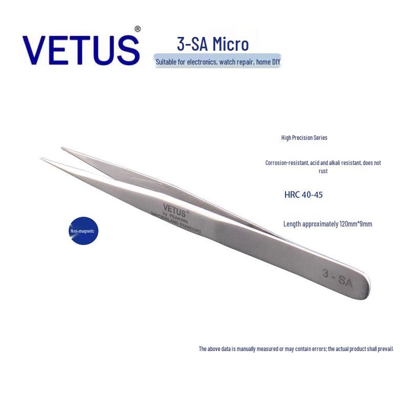 Genuine VETUS 3-SA Precision Anti-Magnetic Acid-Resistant Stainless Steel Tweezers for Watch and Mobile Phone Repair