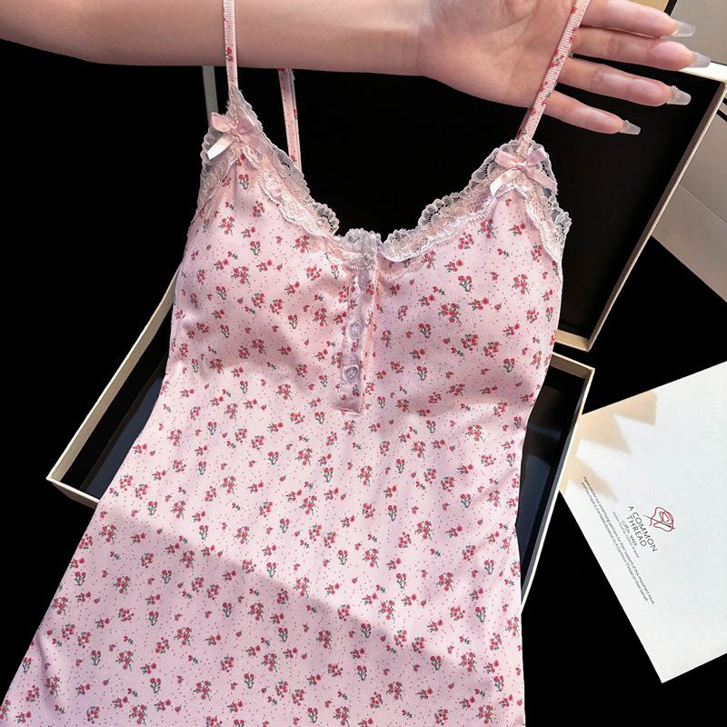 2025 Pure Desire Floral Women's Sexy Spaghetti Strap Lace Nightgown with Chest Pad and Short Slit