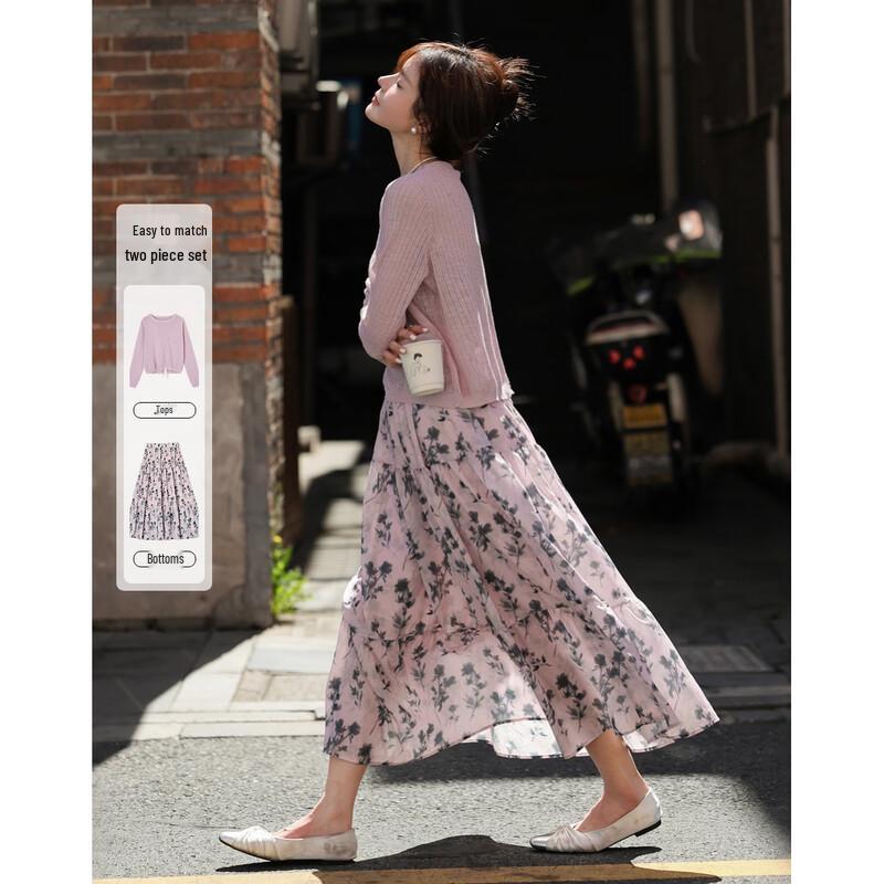 Вязаный топ и юбка с принтом в французском стиле, комплект из двух предметов S