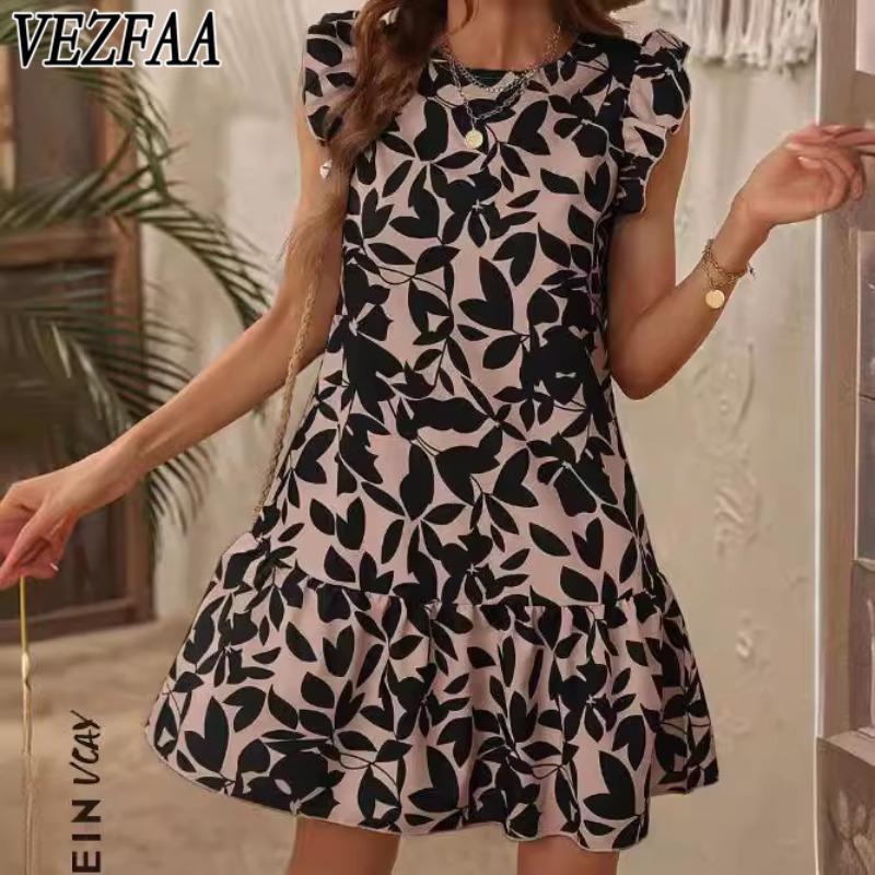VEZFAA Mode Femme Été Printemps Imprimé Motif Floral Manches Courtes Col Rond Taille Lâche Robes Décontractées