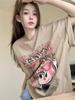 Unisex American Retro Cartoon Print Cotton T-Shirt - Plus Size for Men, Women & Chubby Girls, Loose Mid-Length, Half Sleeve Couple Outfit
