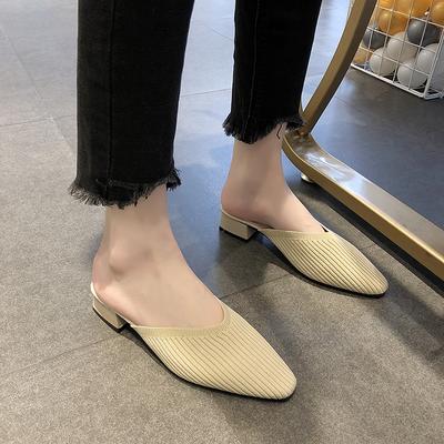 Modă Vară Tricotat Plasă Aer Femei Femeie Vârf Ascuțit Toc Mediu Gros Papuci Mules Diapozitive Pantofi Casual Feminini 987