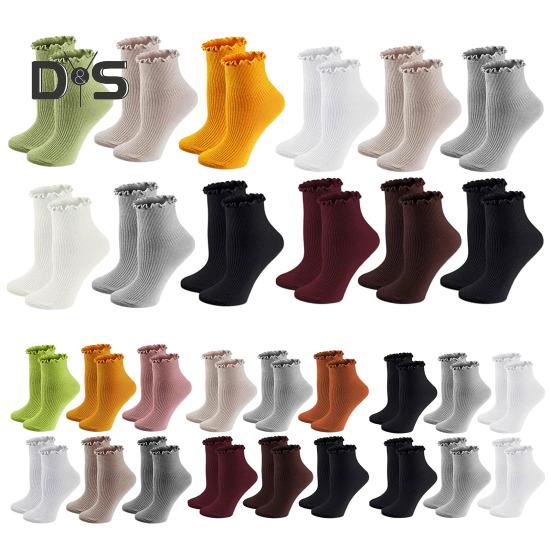 6 Pairs Women Socks Ruffle Edge Solid Color Anti-slip High Elasticity Ankle Length Low-cut Daily Sport Socks Great Gift for Mom Wife Daughter