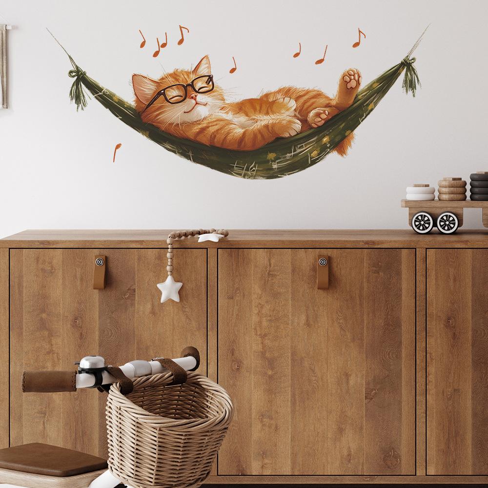 Creative Hammock Cat Wall Sticker Self-Adhesive Removable for Bedroom Living Room Entryway Background Home Decor