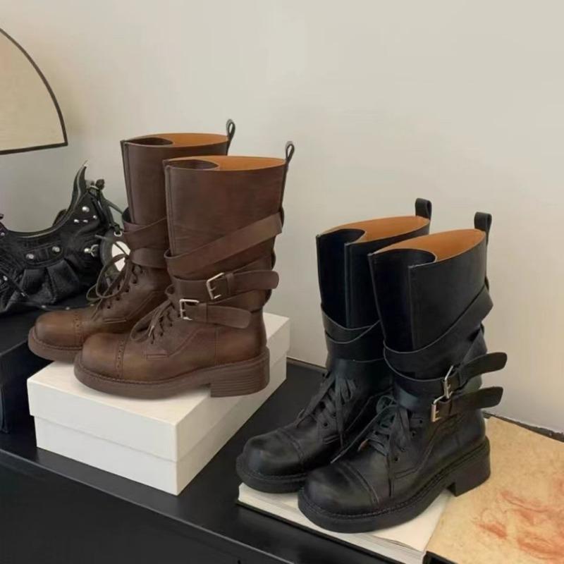 Cowhide thick-soled thick-heeled retro leather Martin boots women's new medium tube thin boots belt buckle locomotive boots