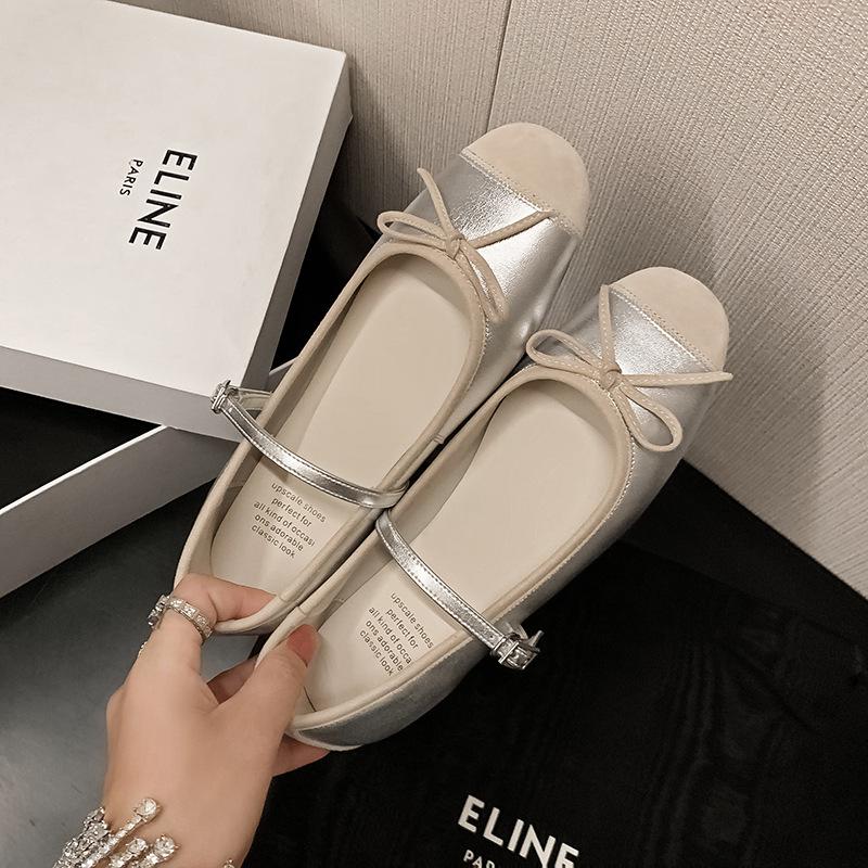 

French red one-word single shoes with bow 2025 summer new round head low heel soft sole Mary Jane ballet shoes 40 серебро белый