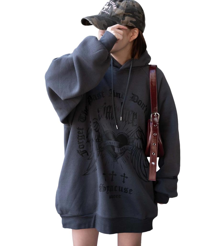 WEGO Wing Heart BIG Korean Oversized Perfect for and Size Dark Gray Women's Hoodie/Sweatshirt, Streetwear, Casual, Silhouette, Spring, Summer, Autumn,